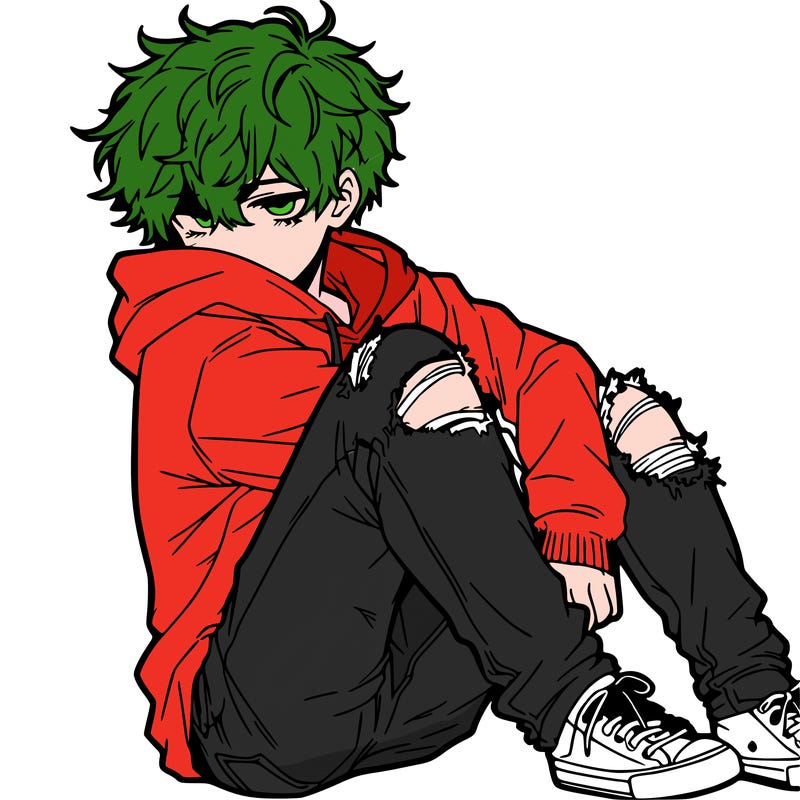 a male hoddie ripped jeans messy hair anime