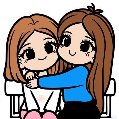 2 girls hugging, one girl has short hair the other girl had long hair