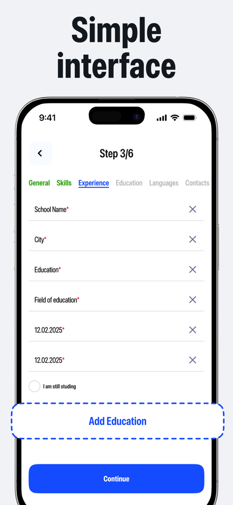 CV Builder: Resume Generator - Una interfaz de aplicación móvil simple que muestra un formulario paso a paso para agregar el historial educativo para un currículum profesional