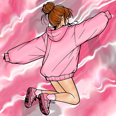 realistic girl jumping with a bun and oversized sweatshirt