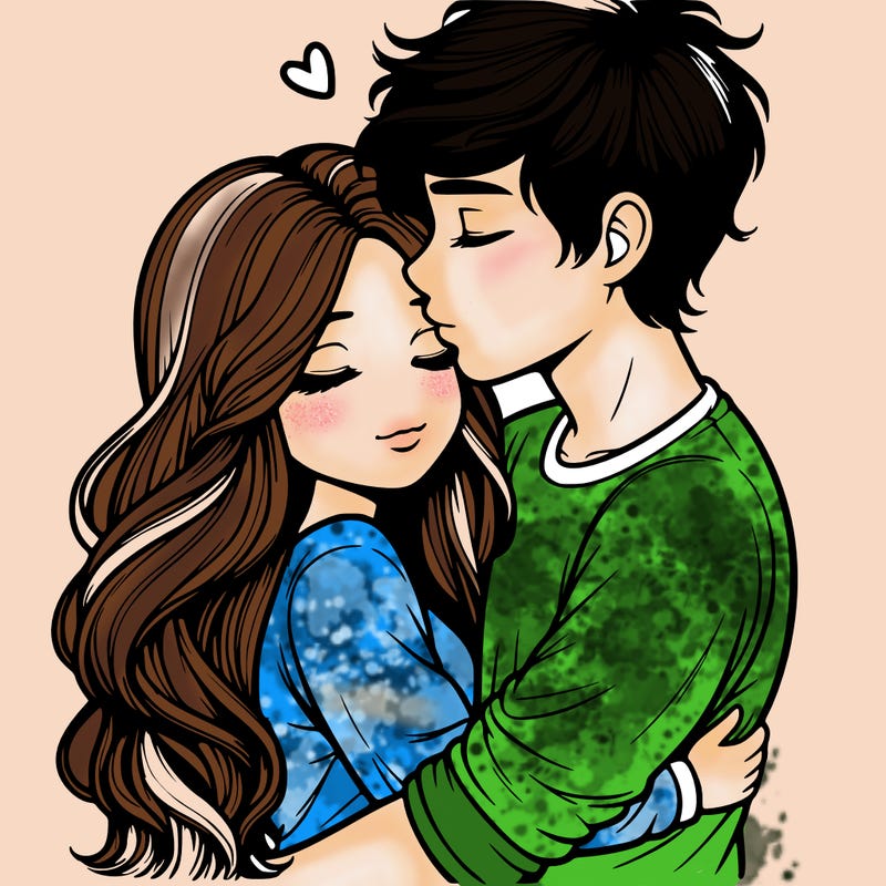 a realistic couple boy and girl hugging and kissing