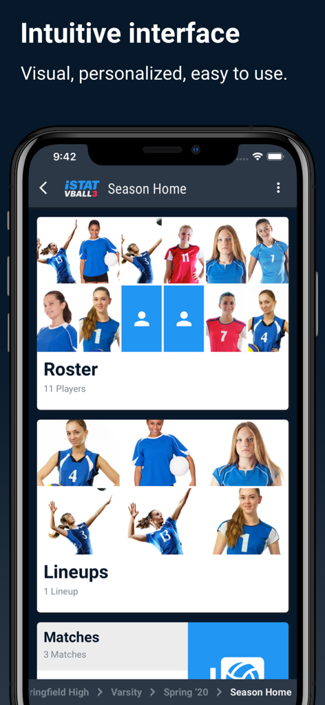 iStatVball 3 - The iStatVball 3 app Season Home interface displaying a visual team roster and lineup with player photos.