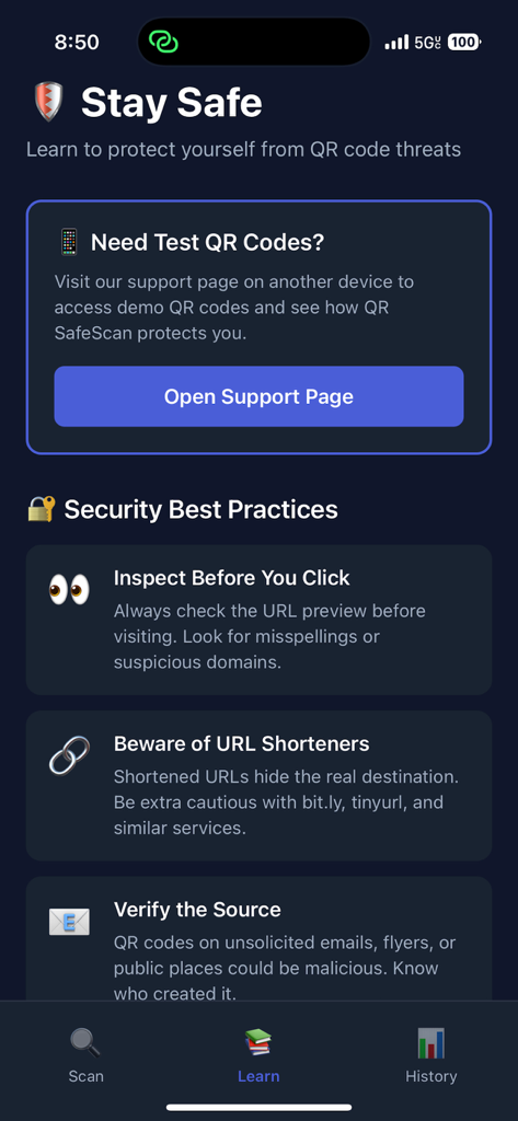 QR SafeScan - Threat Detector - QR SafeScan app screen showing security best practices and educational tips for safe QR code scanning