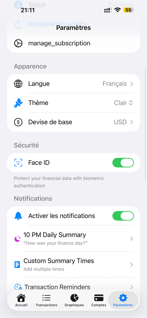 Spending tracker-Every Dollar - Tela de configurações do aplicativo Rastreador de Despesas mostrando opções de idioma, moeda base e alternância de segurança do Face ID.