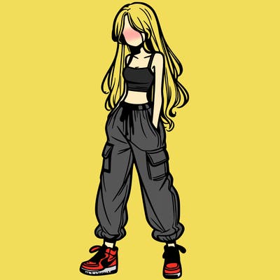 girl in baggy pants crop top and long hair