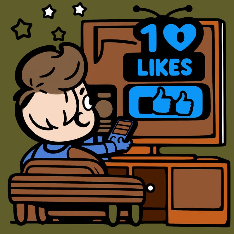 boy watching tv and it says 10 likes on it