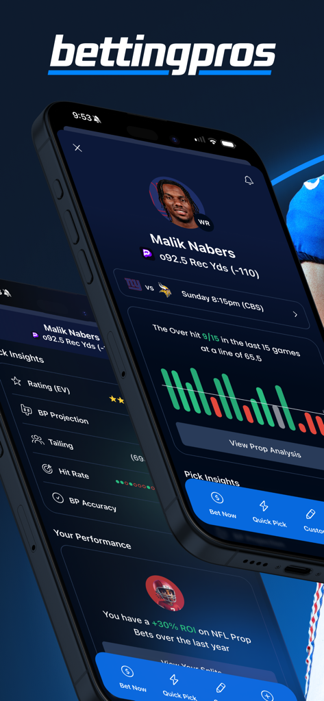 BettingPros: Sports Betting - BettingPros mobile app screen showing NFL player prop analysis and historical performance charts for Malik Nabers