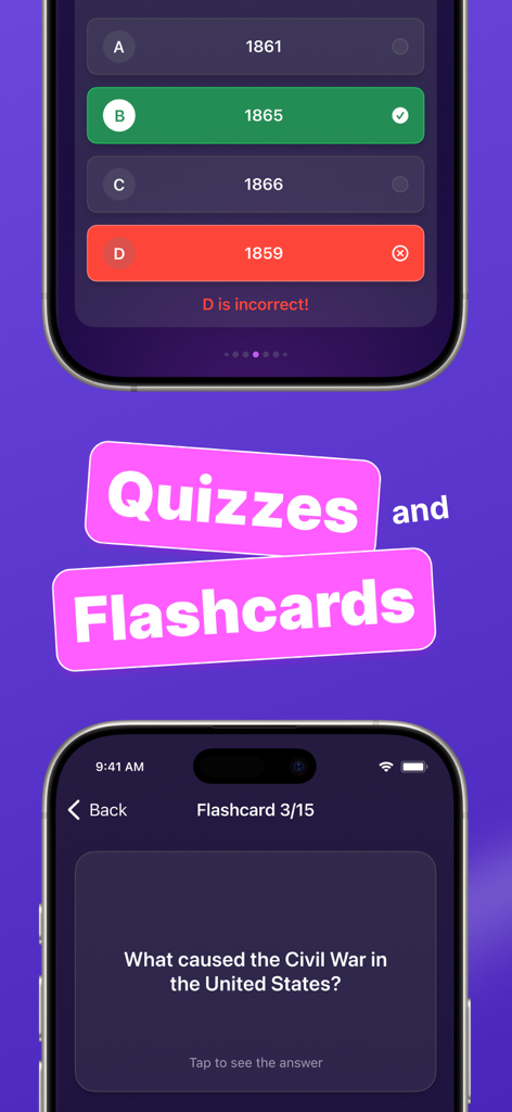 Interfaz de la aplicación móvil Kiwinote que muestra cuestionarios y tarjetas de memoria generados por IA en la pantalla de un iPhone