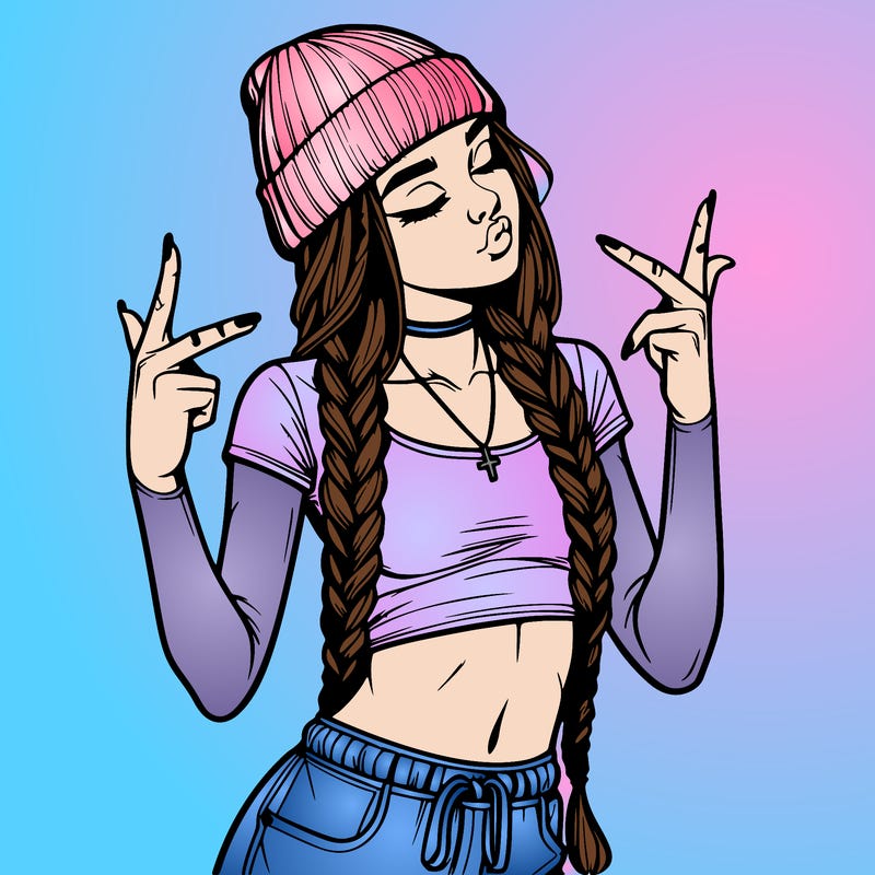 realistic teenage girl with braids and a beanie and crop top doing 🫶🏼