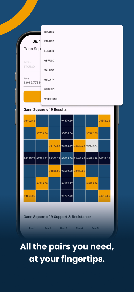 Gann Square of 9 Calculator - Gann Square of 9 Calculator mobile interface showing a dropdown menu of trading pairs like BTCUSD and ETHUSD over a numerical results grid
