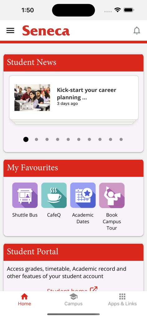 Seneca Mobile - Seneca Mobile app home screen featuring student news favorites like shuttle bus and CafeQ and access to the student portal