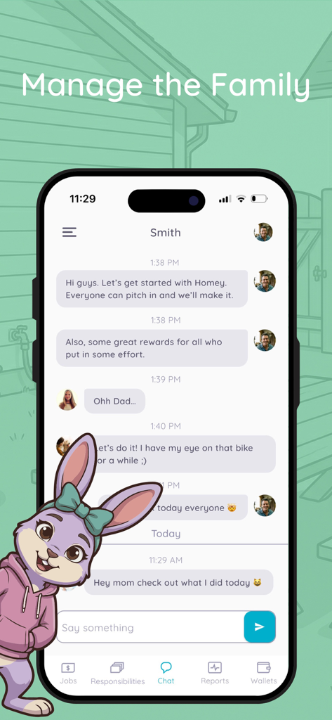 Homey - Chores and Allowance - Homey app family chat interface showing chore management and rewards discussion