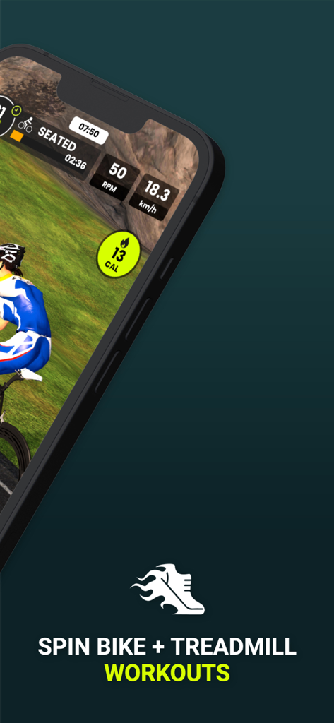 CycleGo app interface on a smartphone showing a virtual cycling workout with real-time stats like speed and calories