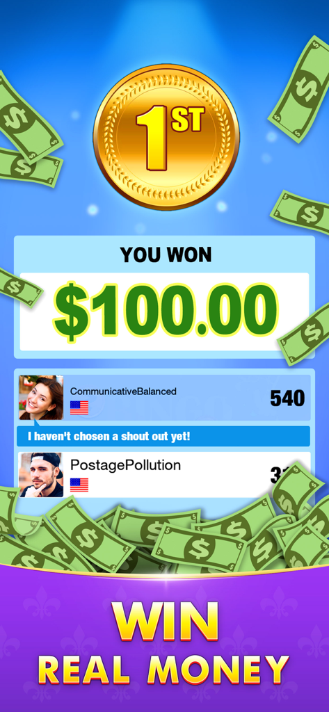 Yatzy Cash - Win Real Money - Yatzy Cash アプリのスクリーンショット。プレイヤーが 100 ドルと 1 位のメダルを獲得している様子が表示されています。