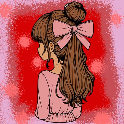 realistic girl  with hip length hair a bun and a big bow on the back of head