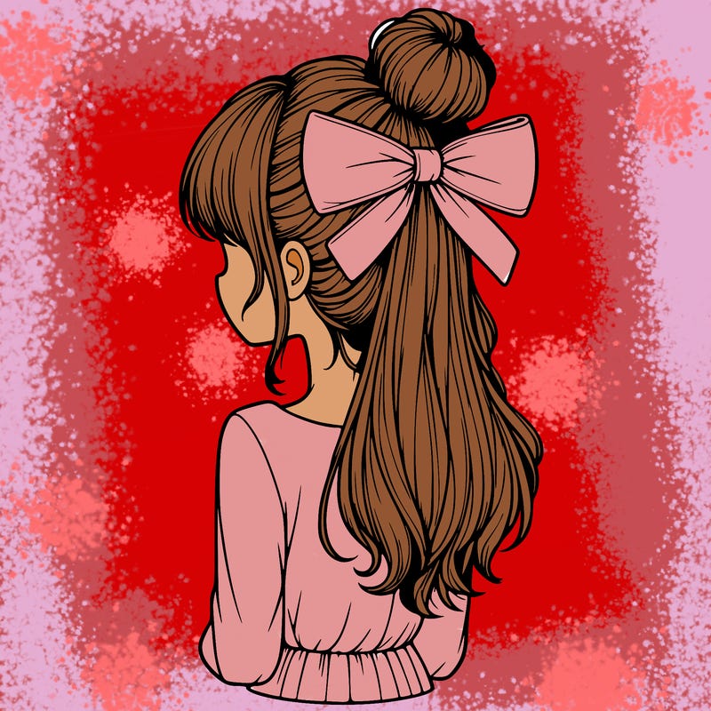 realistic girl  with hip length hair a bun and a big bow on the back of head