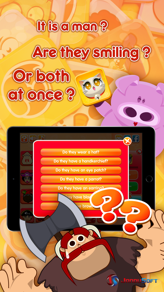 Tela do iPad mostrando perguntas de raciocínio dedutivo no jogo Adivinhe meu personagem