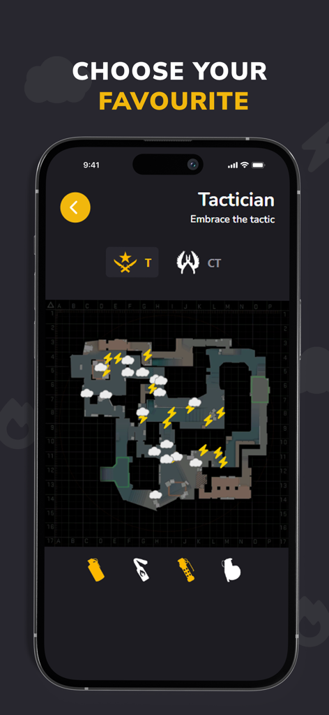 CS2 Tactician - Smartphone screen showing the CS2 Tactician app with grenade lineups on a competitive map.