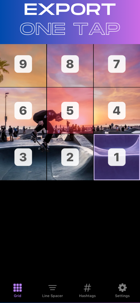 A numbered nine part photo grid showing a skateboarder at sunset for Instagram feed planning