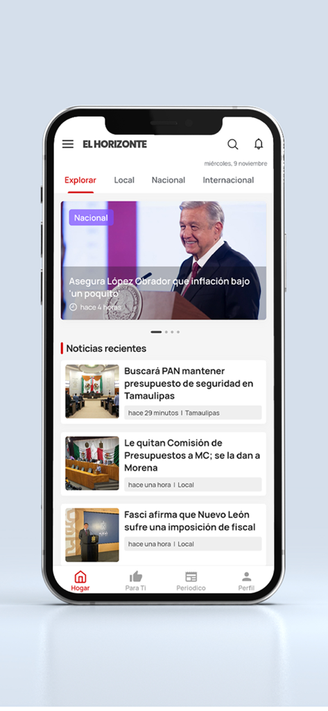 Home screen of the EL HORIZONTE news app displaying Mexican national and local news articles