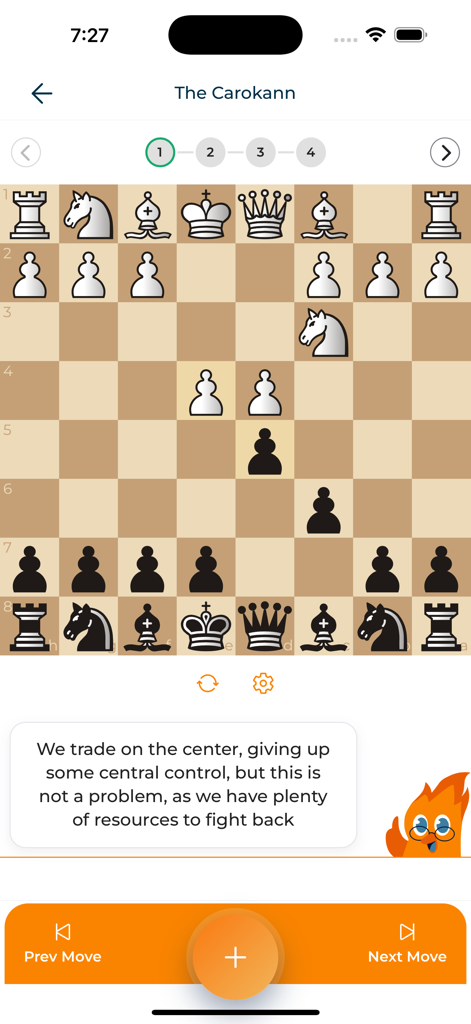 ChessMind AI - Chess opening tutorial on ChessMind AI app showing Caro-Kann strategic advice.