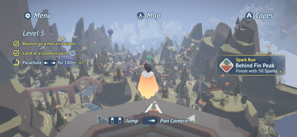 Laya's Horizon - Character in an orange cape overlooking a stylized valley in Layas Horizon