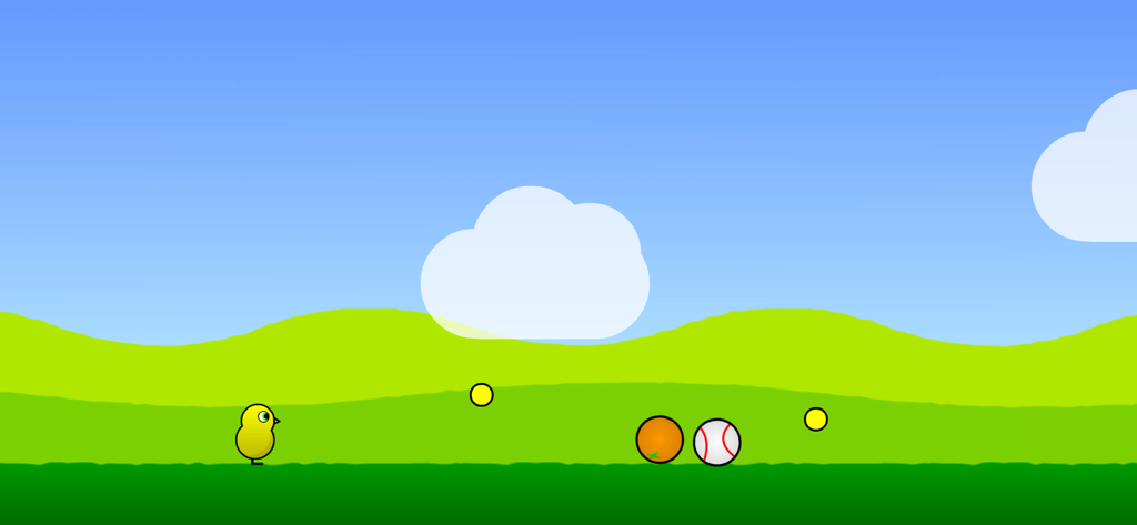 A yellow duckling training in a green field with hills and blue sky in Duck Life 2
