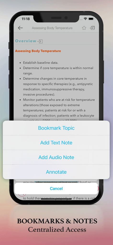 Davis Clinical Nursing Skills - Interfaccia dell'app Davis Clinical Nursing Skills che mostra le opzioni per salvare nei preferiti e prendere appunti per la valutazione della temperatura corporea.