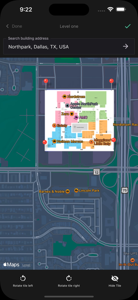 Map-in - Indoor floor plan of Northpark Mall in Dallas being aligned on a digital map within the Map-in navigation app