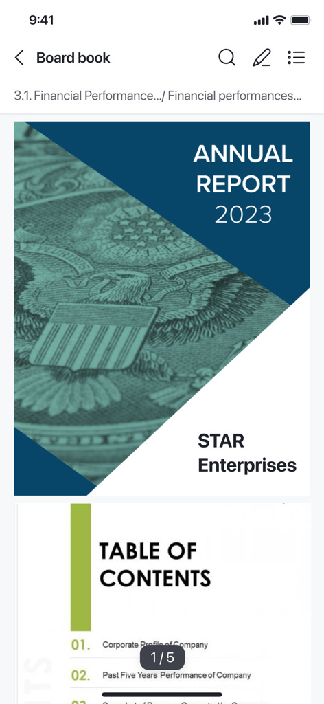 Ideals Board - iPhone-Bildschirm, der ein digitales Board Book mit dem Jahresbericht 2023 und einem Inhaltsverzeichnis in der Ideals Board-App zeigt