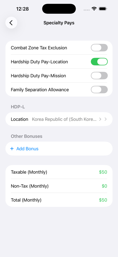 A screen from the Military Net Pay app showing specialty pay options like Hardship Duty Pay and Family Separation Allowance