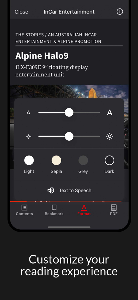 InCar Entertainment - Interface of the InCar Entertainment app showing reading customization options for text size brightness and color theme