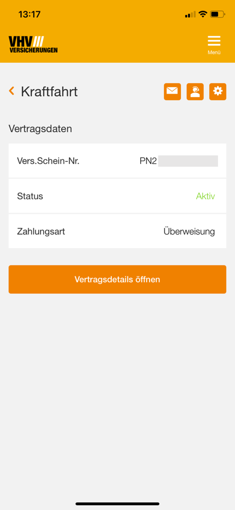 VHV Kundenportal - Motor vehicle insurance contract details in the VHV Kundenportal app showing policy number and active status.