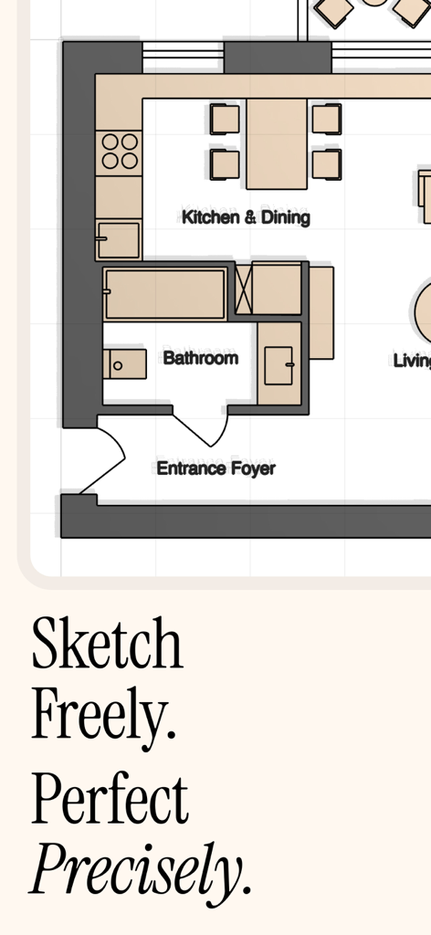 Detailed 2D architectural floor plan layout showing kitchen dining and bathroom areas in uMake