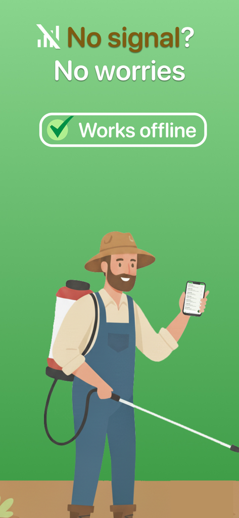 An illustration of a farmer using the Spraybook app in a field with no signal, highlighting the works offline feature.