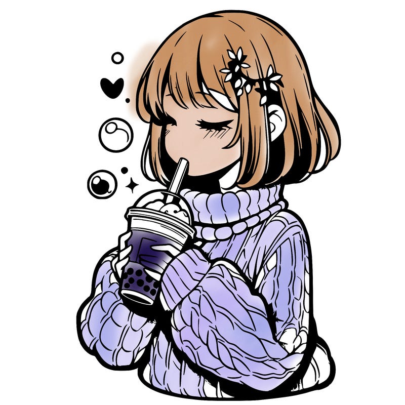 manga girl drinking boba in cozy sweater
