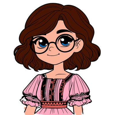 one girl with medium short hair, which are wavy. she has round glasses. she wears a latina outfit.