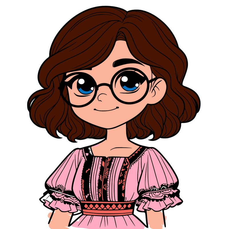 one girl with medium short hair, which are wavy. she has round glasses. she wears a latina outfit.