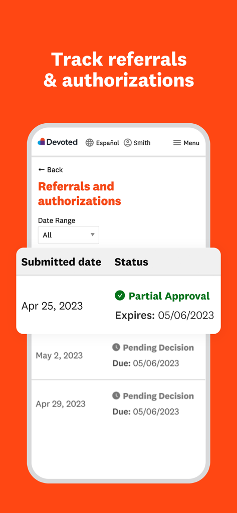 MyDevoted app screen showing the status of medical referrals and authorizations
