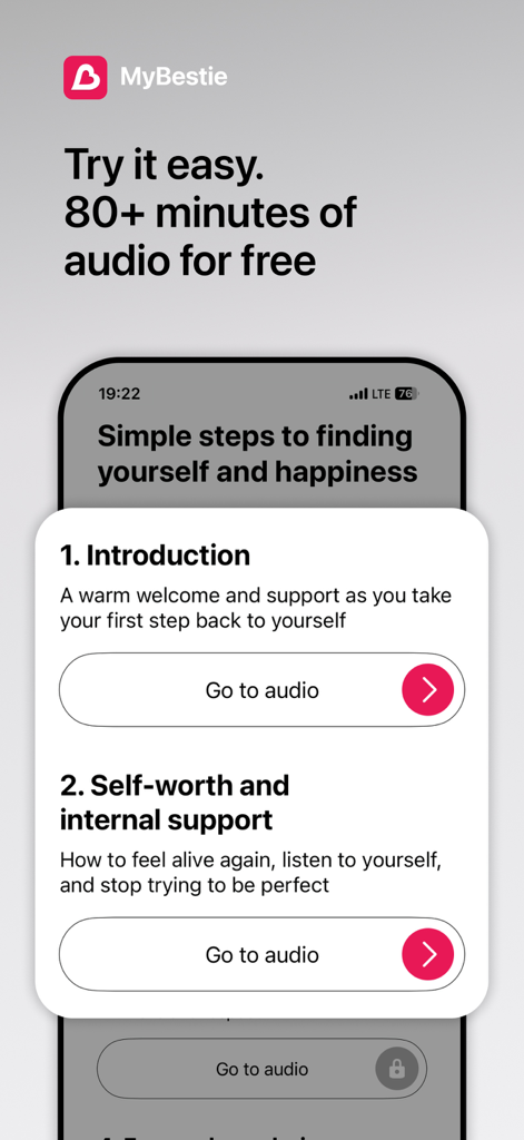 MyBestie－Mental Health Support - MyBestie App-Oberfläche mit kostenlosen Audio-Sitzungen für Selbstwertgefühl und psychische Gesundheitsunterstützung