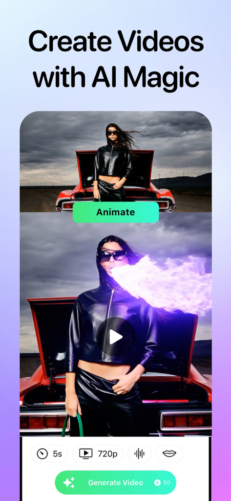 NoX Effect: AI Video Generator - NoX Effect mobile app interface demonstrating AI video generation with a woman and purple fire animation