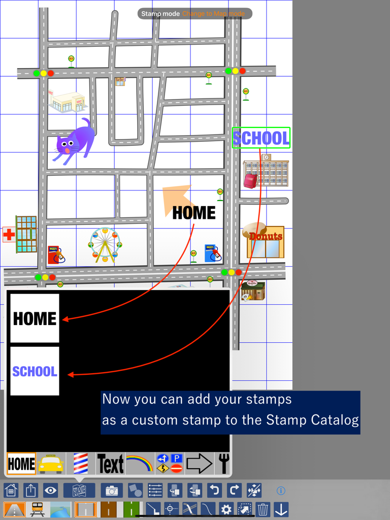 i Map Editor - A screenshot of the i Map Editor app showing the feature to add custom text stamps like Home and School to a personalized map layout