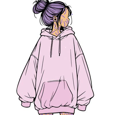 realistic girl with a oversized sweatshirt on and a bun