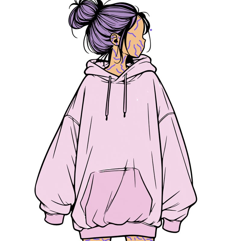 realistic girl with a oversized sweatshirt on and a bun
