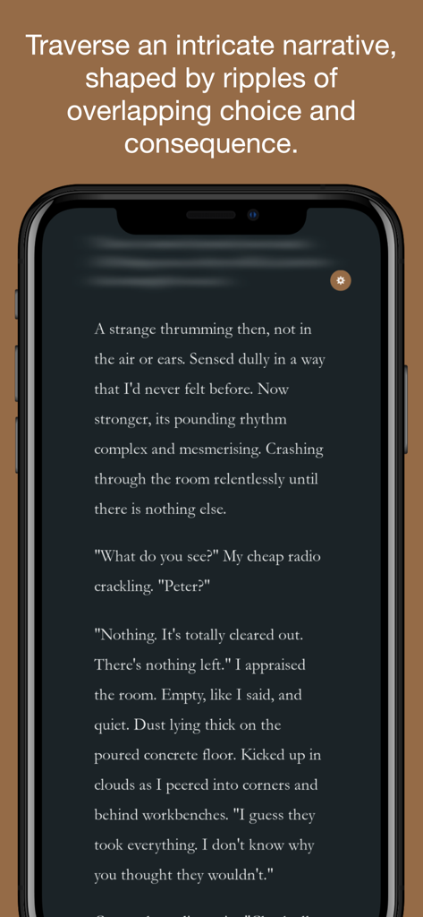 Penrose - Un smartphone affichant une page de texte de l'histoire mystérieuse interactive Penrose avec un thème sombre et minimaliste et une légende générale sur le choix et les conséquences.