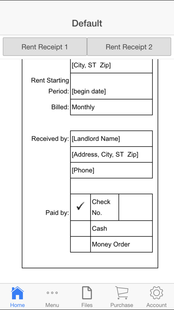 Rent Receipt - Mobile interface showing a digital rent receipt form for landlords