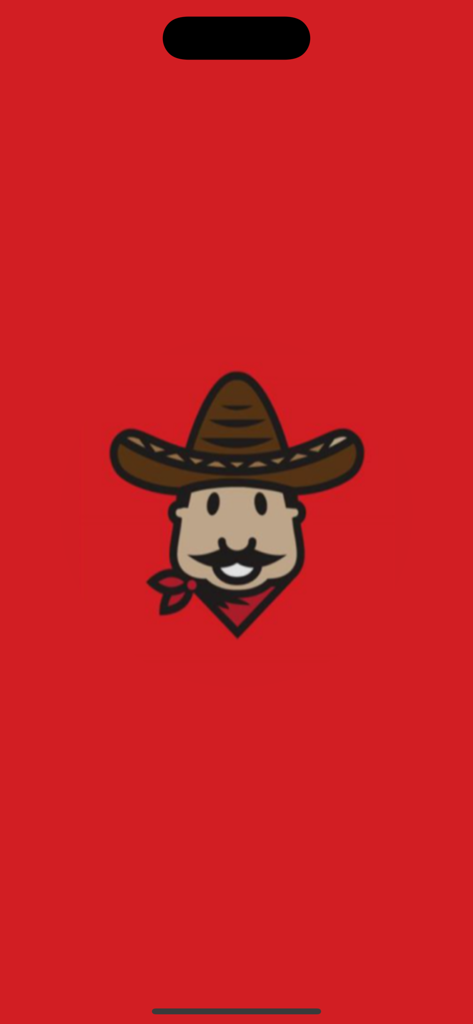 Tela de introdução do aplicativo Taqueria El Sabrosito apresentando um logotipo de personagem de desenho animado com um sombrero em um fundo vermelho sólido