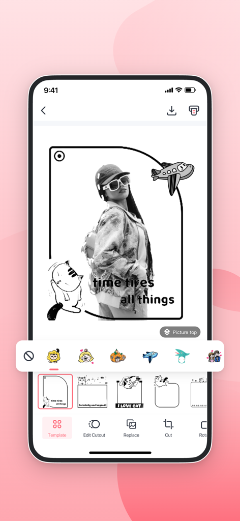 Captura de pantalla de la interfaz de edición de fotos de la aplicación Phomemo con pegatinas y plantillas para impresión térmica