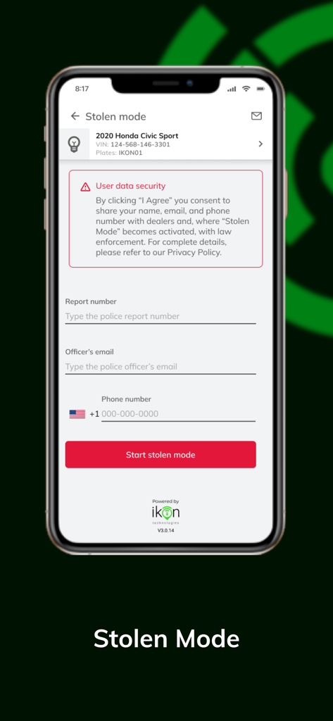 도난 차량 신고 및 추적 모드 활성화를 위한 Freeman Toyota Connect 앱 인터페이스