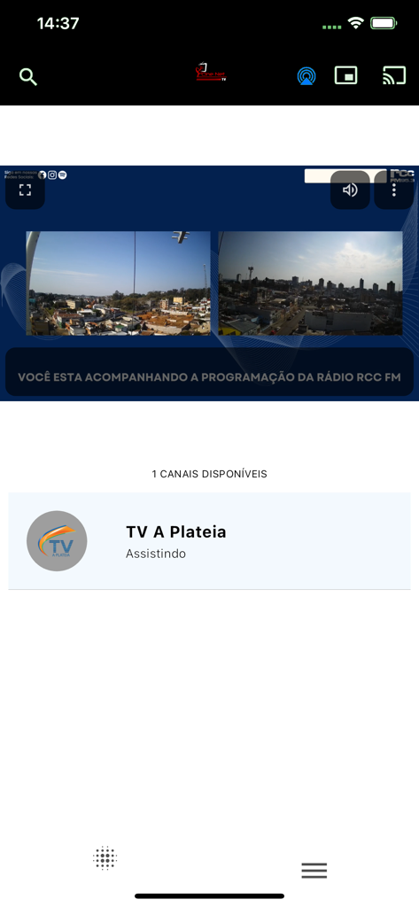 Cine Net TV app interface showing a live broadcast from TV A Plateia with a city camera view